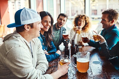 Buy stock photo Bar, group and reunion for fun, beer and party for joy, gathering and celebration of friends and event. Table, alcohol and drinks to enjoy, glass and people in club, break and together in Los Angeles