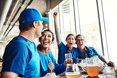 Buy stock photo Sports, game and people watching success, tournament victory and celebration of football league match event. Friends, woman and men or support, fans and winning with beer for score achievement at pub