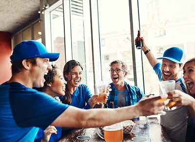 Buy stock photo Sports, fans and cheers with drinks for celebration, support and people watching tv team game in restaurant. Friends, cheering and live streaming with happiness, excited and pride for baseball win