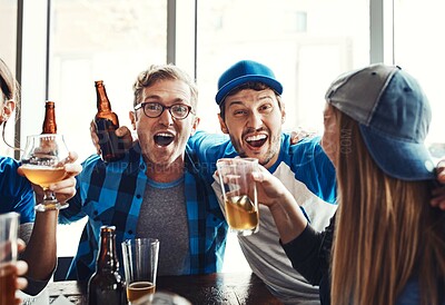 Buy stock photo Sports, fans and excited with beer for celebration, support and people watching tv team game in restaurant. Friends, drinks and live streaming with happiness, cheering and pride for baseball win