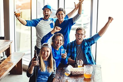 Buy stock photo Group, supporters and celebration for goal at pub, cheering for victory in sports on television for team. People, fans and beer for soccer, tournament or match as friends with loyalty in world cup