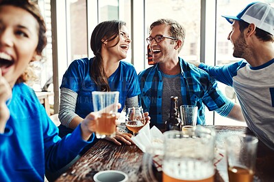 Buy stock photo Group, supporters and fans at pub, cheering for victory in sports on television with celebration for goal. People, team and beer for soccer, tournament or match as friends with loyalty in world cup