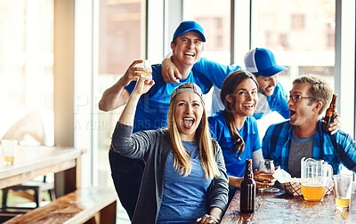 Buy stock photo Sports, game and success of excited people, tournament victory or celebration of football league match. Friends, woman and men for support, fan and winning with beer of score achievement at pub
