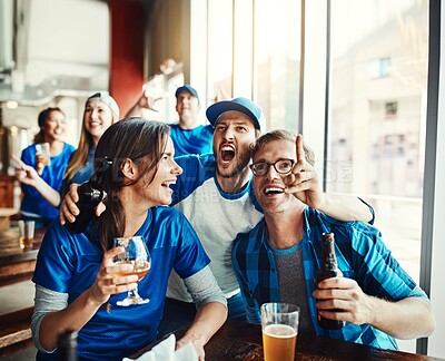 Buy stock photo Happy, people and sports game success, tournament victory and celebration of football league match event. Men, cheering and woman for support, fan and winning with beer for score achievement at pub