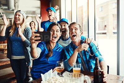 Buy stock photo People, success and selfie for sports game, tournament victory and photography for social media update. Friends, woman and men with mobile for celebration, beer and football score achievement at pub