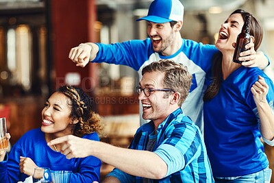 Buy stock photo Winner, friends and sports game success, tournament victory and celebration of football league match event. Men, woman and team support, fan and winning with beer of score achievement at pub


