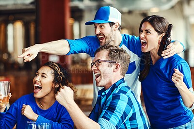 Buy stock photo Shouting, friends and sports game success, tournament victory and celebration of football league match event. Men, woman and team support, fan and winning with beer of score achievement at pub