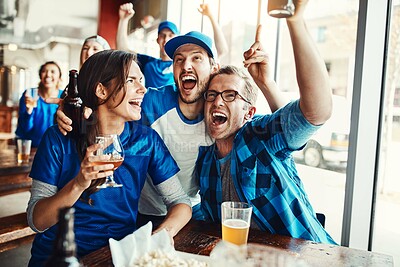 Buy stock photo People, cheering and sports game success, tournament victory and celebration of football league match event. Men, excited and woman for support, fan and winning with beer of score achievement at pub
