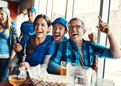Buy stock photo Friends, watch and sports game success, tournament victory and celebration of football league match event. Men, woman and team support, fan and winning world cup, score and achievement at pub

