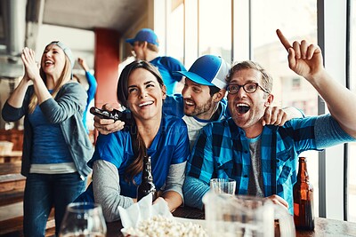 Buy stock photo Smile, people and sports game success, tournament victory and celebration of football league match event. Men, woman and team support, fan and winning with loyalty of score achievement at pub