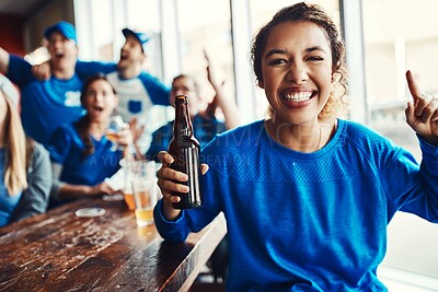 Buy stock photo Woman, fans and portrait at pub, celebrating for victory in sports on television with cheering for goal. Group, supporter and beer for soccer, tournament or match as friends with loyalty in world cup
