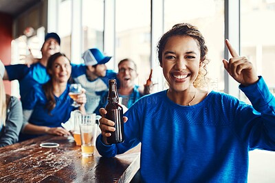 Buy stock photo Woman, sports game and portrait at pub, celebrating for victory in group, watching tv and cheering for goal. Person, fans and beer for soccer, tournament or match as friends with loyalty in world cup