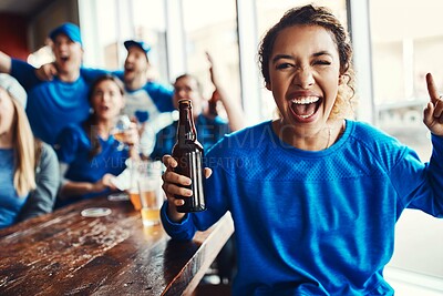 Buy stock photo Woman, supporter and portrait at pub, celebrating for victory in sports on television with cheering for goal. Group, fans and beer for soccer, tournament or match as friends with loyalty in world cup