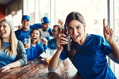 Buy stock photo Woman, supporters and team at pub, cheering for victory in sports on television with celebration for goal. Female person, fans and beer for football game or match as friends with loyalty in world cup
