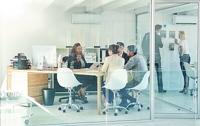 Buy stock photo Office, boardroom and business people in meeting for discussion, collaboration and teamwork. Corporate, diversity and men and women talking for planning, coworking and company feedback in workplace