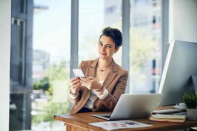 Buy stock photo Phone, technology and portrait of woman in office for communication, research and networking. Happy, developer and person with multimedia at desk for programming, connectivity and update to client