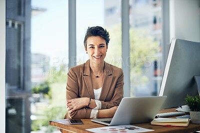 Buy stock photo Smile, technology and portrait of woman in office for business plan, research and communication. Happy, developer and person with multimedia at desk for programming, connectivity and digital network
