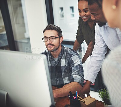 Buy stock photo Team, people and manager in startup with computer, diversity in office with training for website design. Group, leadership or coaching for global employees with desktop, development with mentor