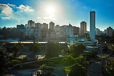 Buy stock photo Architecture, buildings and city with blue sky background for business, commercial or infrastructure. Office, real estate and skyscraper premises in urban development for downtown metropolis
