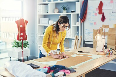 Buy stock photo Tailor, workshop and measurement for design, startup or trendy small business. Seamstress, mannequin and drawing for creative, boutique clothes and skills in artistic design studio for entrepreneur