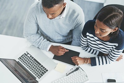 Buy stock photo Business man, laptop and teamwork with creative and web design employees at a startup with staff. Digital, above and professional at office desk working on website designer service project with tech