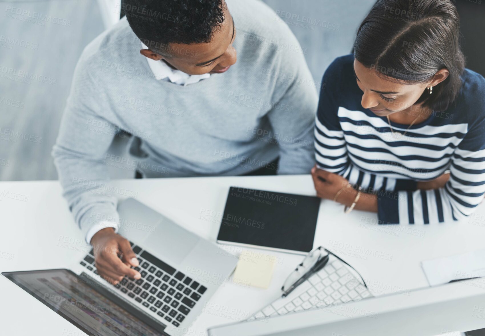 Buy stock photo Business man, laptop and teamwork with corporate and fintech employees at a startup with staff. Digital, above and professional at office desk working on financial service project with tech talk