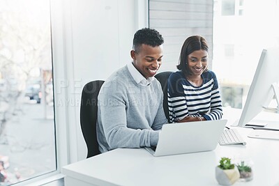Buy stock photo Business man, smile and teamwork with laptop and fintech employees at a startup with staff. Digital, technology and professional at office desk working on financial service project with collaboration