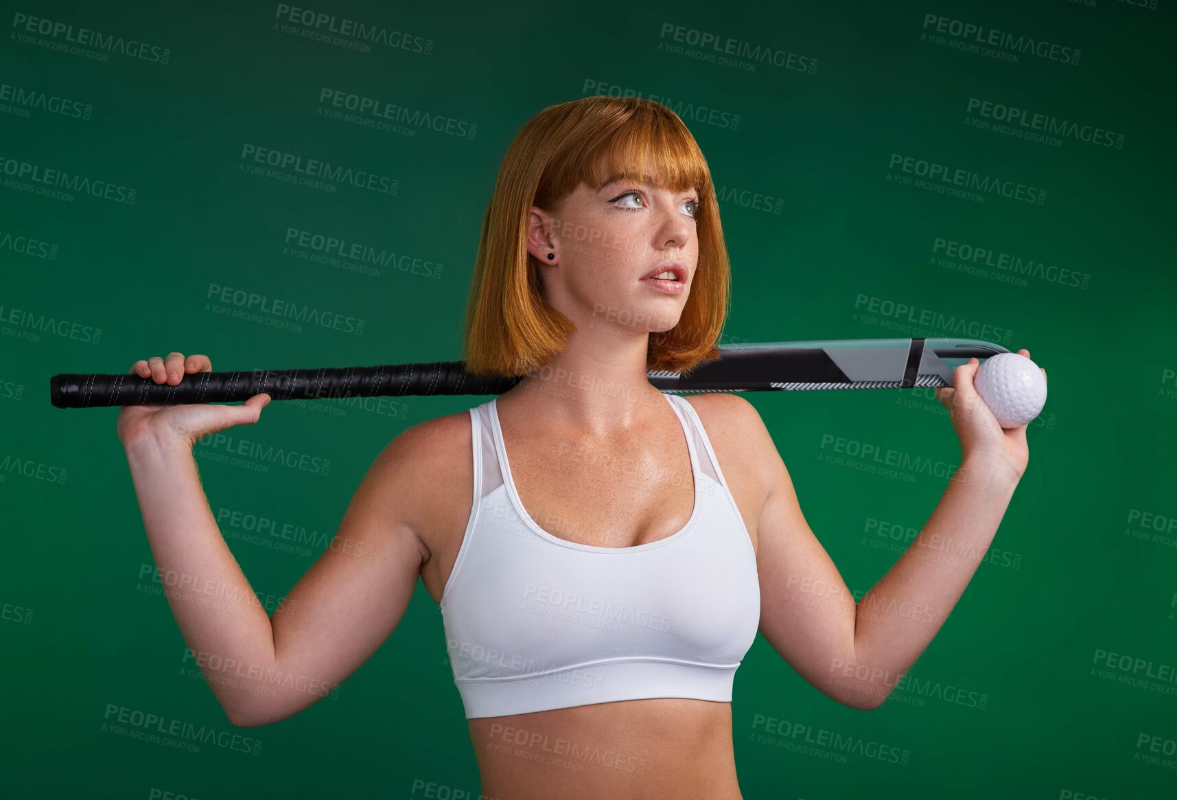 Buy stock photo Hockey, equipment and woman in studio for sport, workout challenge and training for game tournament. Female athlete, redhead and thinking in green background for practice, competition and fitness
