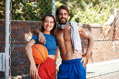 Buy stock photo Man, outdoor and woman in portrait for fitness or training on basketball court as athlete. Happy people, headphones and music on fence for competition, exercise and game with confidence or teamwork