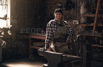 Buy stock photo Foundry, blacksmith and portrait of woman with tools for industry, manufacturing and manual labor. Industrial factory, welding and female person for steel, iron and metal production for craftsmanship