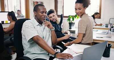 Buy stock photo Designers, group and diversity with laptop, discussion and collaboration for small business startup. Team, planning and brainstorming with teamwork, conversation or coworking for online design agency