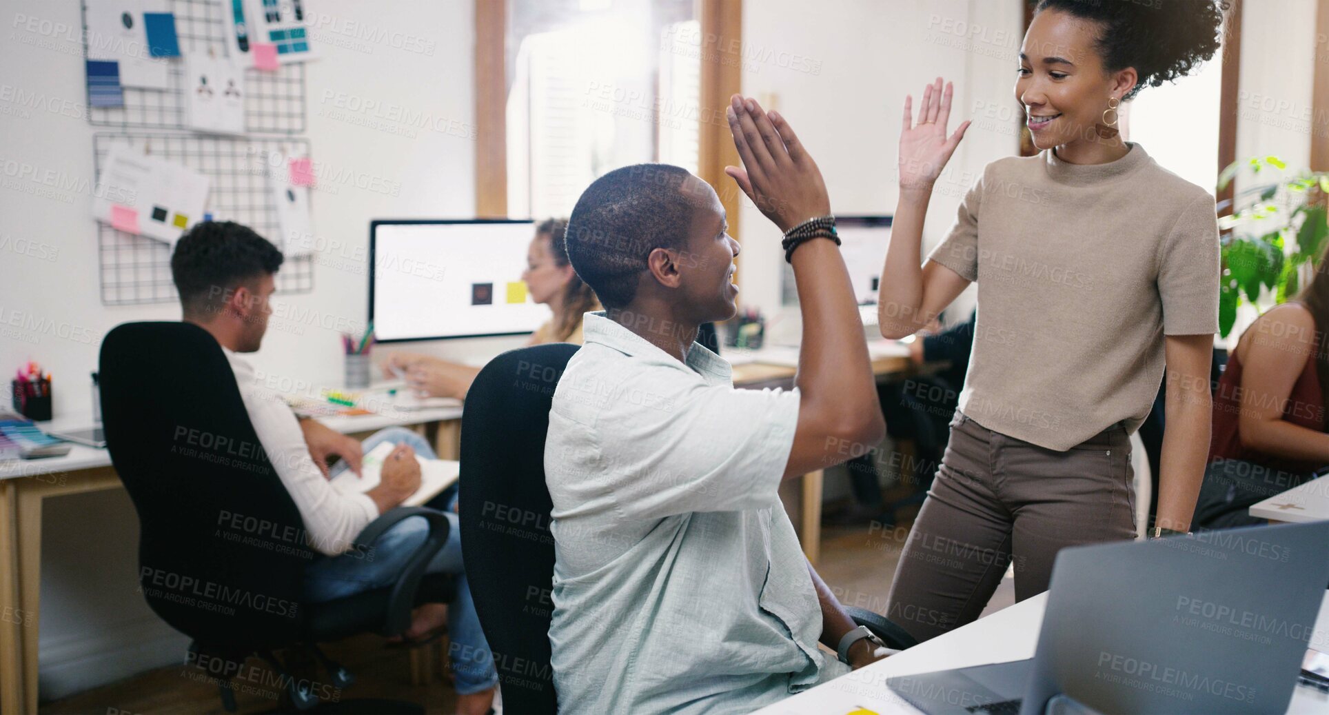 Buy stock photo Designers, group and diversity with office, high five and collaboration for small business startup. Team, planning or brainstorming with discussion, conversation or coworking for online design agency