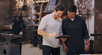 Buy stock photo Metal worker, men and people in workshop with tablet talk for collaboration, ideas and small business. Tech, coworkers or partners with employee for discussion, manufacturing or supply chain