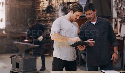 Buy stock photo Business man, tablet and partner in warehouse for planning logistics, doing inventory and ecommerce. Male people, factory and teamwork with tech shipping list for transportation, delivery or storage