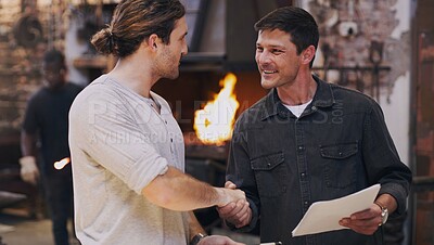 Buy stock photo Handshake, men and client with contract, workshop and meeting for business, thank you and agreement. Steel, industry and welder with businessman, collaboration and paperwork for working and metal
