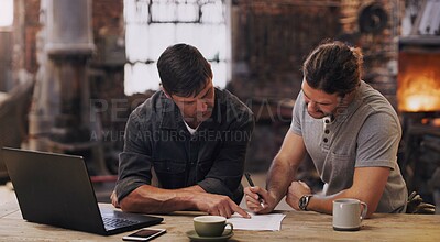 Buy stock photo Planning, strategy and business people with laptop, notes and creative ideas at startup office. Workshop, meeting and men together with paperwork for research, growth and development at design agency