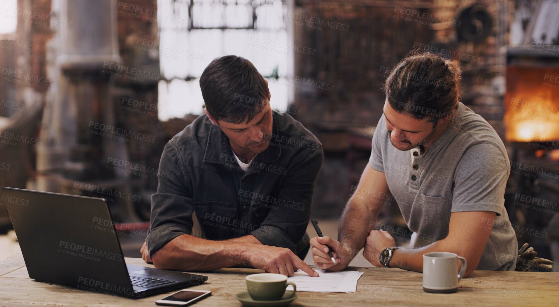 Buy stock photo Planning, strategy and business people with laptop, notes and creative ideas at startup office. Workshop, meeting and men together with paperwork for research, growth and development at design agency