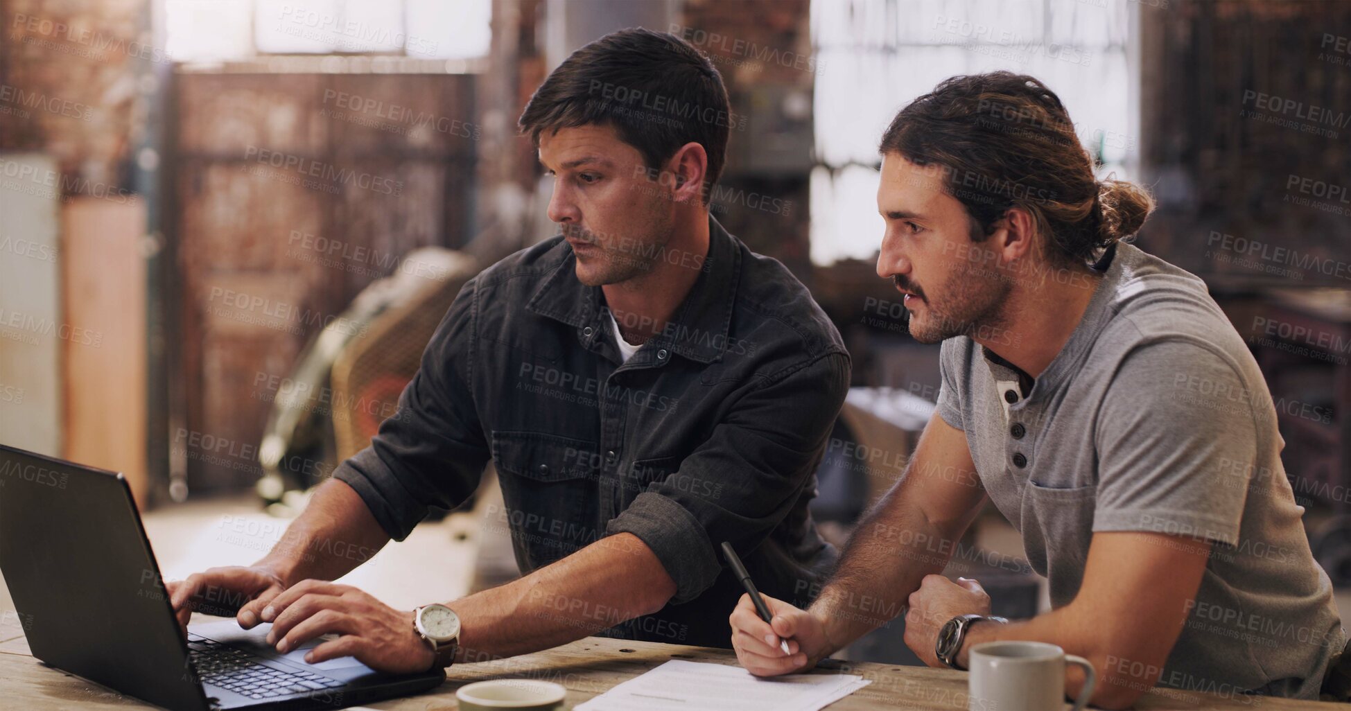 Buy stock photo Planning, strategy and business people with laptop, research notes and creative ideas at startup. Workshop, meeting and men together with paperwork, growth and development at design agency for crafts