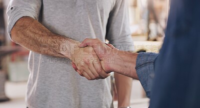 Buy stock photo Handshake, welcome and partnership with men in a workshop together for a deal or agreement. Teamwork, meeting and greeting with male industry people shaking hands in a factory to gesture thank you