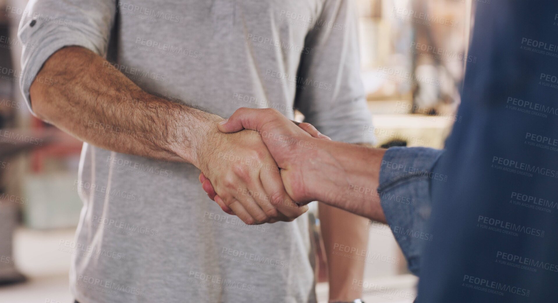 Buy stock photo Handshake, welcome and partnership with men in a workshop together for a deal or agreement. Teamwork, meeting and greeting with male industry people shaking hands in a factory to gesture thank you