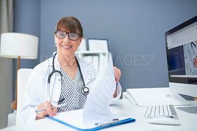 Buy stock photo Health insurance, portrait and woman or doctor with paperwork, patient application and hospital admin. Contract, documents and medical cover with healthcare benefits, client history or checklist