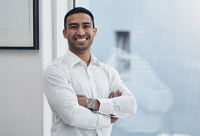 Buy stock photo Portrait, business and Asian man with arms crossed, window and corporate goals with accountant and smile. Face, person and happy employee with career ambition and startup with pride and professional