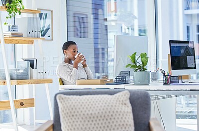 Buy stock photo Coffee, business and black woman in office for drinking, planning report or review at desk. Computer, working and female employee with cup of tea for online editing, research article or reading email
