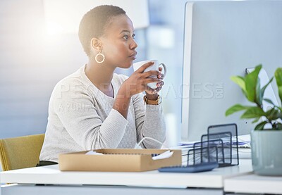 Buy stock photo Coffee, business and black woman in office with drink reading email, report or review at desk. Computer, lens flare and employee with caffeine for online editing, research article or proofreading