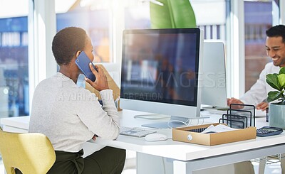Buy stock photo Business, phone call and woman at desk, communication and connection with network, conversation and consultant. Person, office and employee with smartphone, contact and speaking with planning or talk