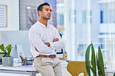 Buy stock photo Man, arms crossed and professional at office thinking, inspiration or ideas for future in career at startup. Serious, problem solving and solution for creative employee at digital marketing agency