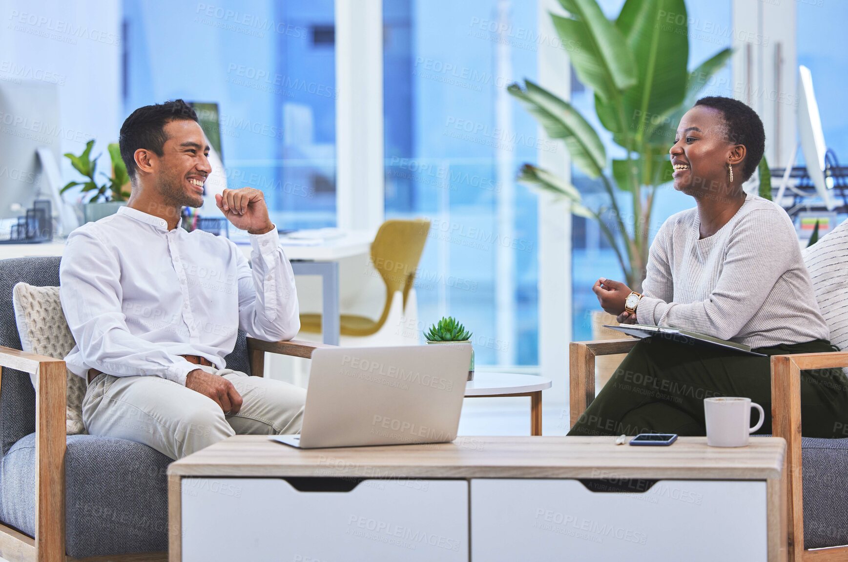 Buy stock photo Woman, man and creative office with discussion, interview and affirmative action for new job. Web designer, workspace and recruitment process for intern hiring, crm goals and employee growth