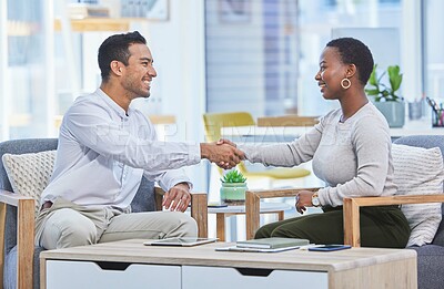 Buy stock photo Meeting, handshake and business people in interview for b2b, networking and partnership alliance at startup. Thank you, promotion and shaking hands for introduction, collaboration and support in team