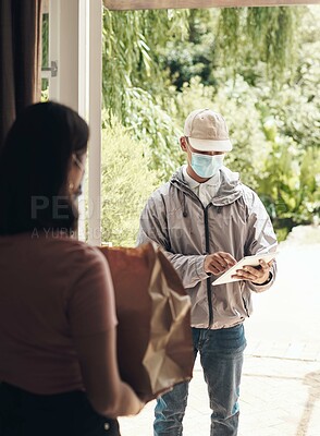 Buy stock photo Delivery man, package and clipboard at door, courier and face mask for shipment, e commerce and parcel. Woman, customer and  postage in logistics, safety compliance and online shopping on checklist