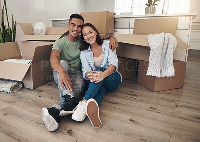 Buy stock photo Portrait, couple and happy in new home with boxes for moving in, satisfied and confident with ownership. House, relationship and happy with unpacking furniture, excited and positive with property
